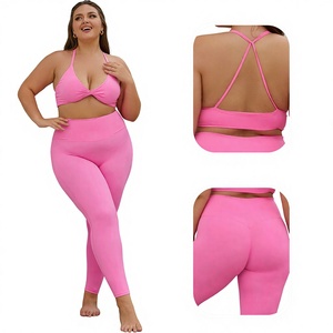 Ensemble de yoga uni grande taille pour femmes européennes et américaines, taille haute, moulant, effet seconde peau, séchage rapide, 2 pièces, pour le fitness - Product Image 1
