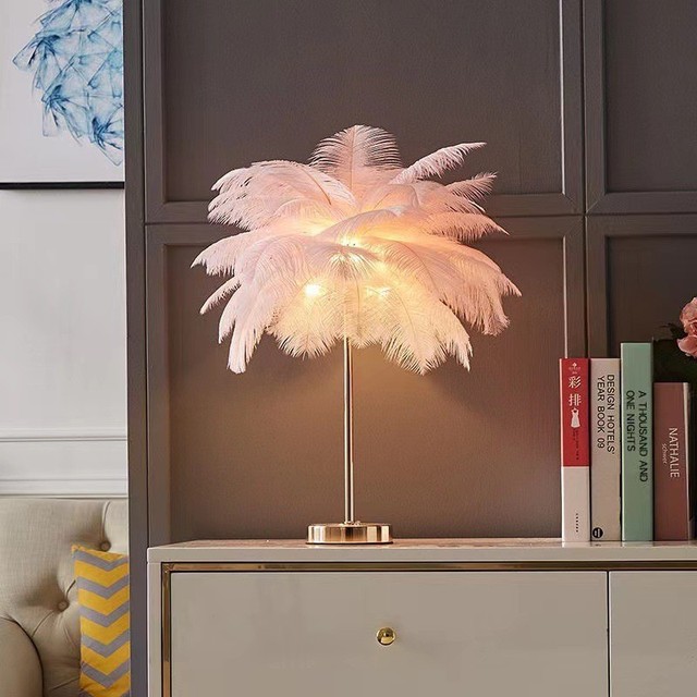 Creative Romantic Decoration Desk Night Lamp Living Room Bedroom Bedside Led Metal Contemporary Ostrich Feather Table Lamp