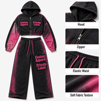 Ensemble deux pièces pour femme, survêtement en coton noir et rose délavé avec patch graphique, fermeture éclair et pantalon de survêtement large à cordon de serrage