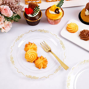 Assiette en plastique jetable 7.5 \ "-10.25 \" plat à dessert/dîner en relief doré écologique pour les fêtes d'anniversaire et de mariage - Product Image 1