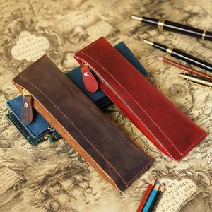 Genuine Leather Pencil Case <b>College</b> Top Layer Crazy Horse Leather Handmade Coin Purse Student Stationery Storage <b>Bag</b> HR - Product Image 1