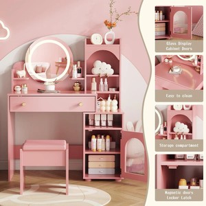 Portable Kids Makeup Vanity <strong>Table</strong> With Led Mirror Lights, Vintage Compact Mini Girl's Pink <strong>Dressing</strong> <strong>Table</strong> for Children - Product Image 4