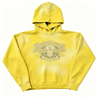 Hoodie Pria Sun Faded Vintage Wash Efek Pewarna Kuning Cetak Grafis Perisai Elang Bahan Katun Tebal Langsung dari Pabrik