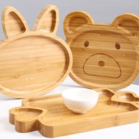 Ensemble de vaisselle en bois de bambou pour bébé avec assiette à ventouse en silicone, bol, cuillère et fourchette pour enfants - Écologique et à thème dessin animé