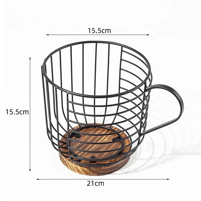 Kitchen Large Capacity Metal Wire Storage Rack Coffee Pods Basket With Natural Wooden Base