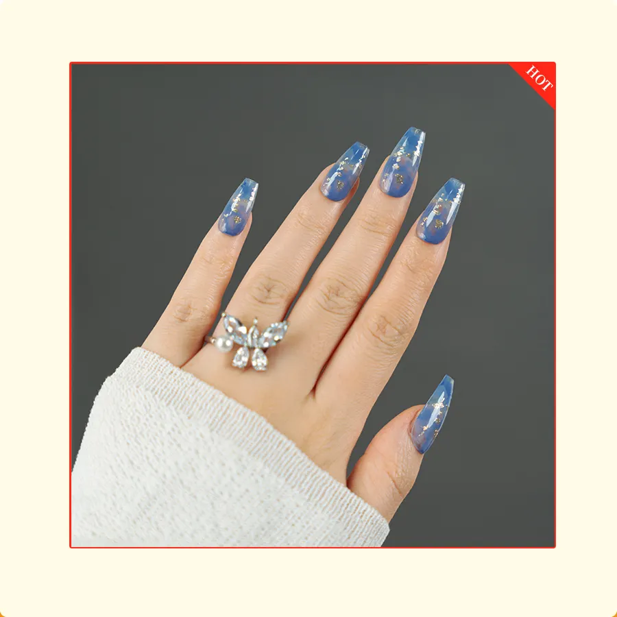 Custom Logo Package 30pcs/24pcs Blue Smudged Fine Glitter Artificial Fingernails Fast Shipping Press On Nails