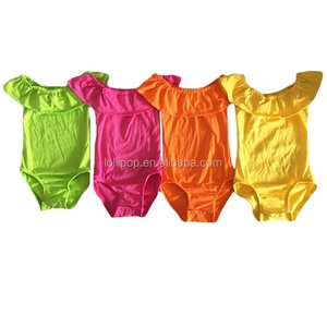 Leotardo sin Mangas con Hombros Descubiertos para Bebé Niña, Color Neón Lima, Rosa Intenso, Naranja, Dorado, Leotardo con Volantes y Broches para Bebé - Product Image 1