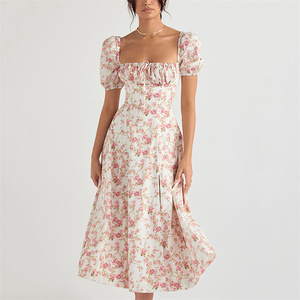 Robe longue fendue à lacets en dentelle florale à manches bouffantes, mode été Europe et Amérique, vêtements de plage pour femmes <span class=keywords><strong>2022</strong></span> - Product Image 4