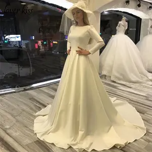 FA227 Gaun Pernikahan Satin Vestido De Noiva, Gaun Pengantin Arab A-Line Lengan Panjang Leher O