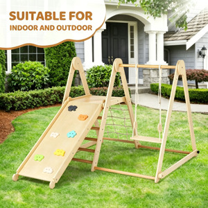 Estructura de Juego Interior de Madera con Tobogán y Columpio para Niños Pequeños, Diseño Geométrico, Unisex - Product Image 4