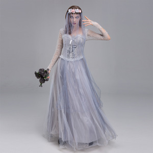 Robe de mariée fantôme pour femme, costume d'Halloween, jupe en tulle à manches longues avec voile et couronne de fleurs, déguisement fantaisie - Product Image 1