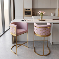 Tabouret de bar en velours rose avec structure en acier inoxydable, design nid d'abeille doré, pour îlot de cuisine ou bar à domicile