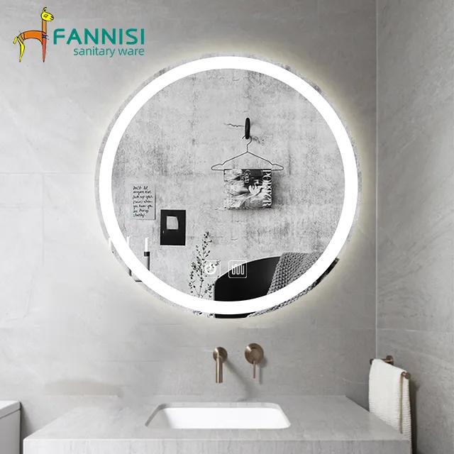 벽 마운트 목욕 룸 라운드 모양 터치 안티 안개 거울 led 빛 WC 거울
