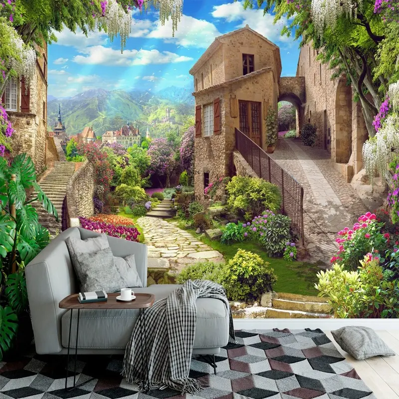 Jardim paisagem fundo 3D parede papel parede cidade velha casa mural