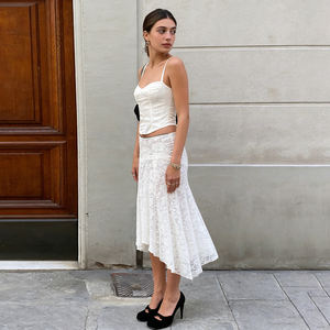 Falda Midi Asimétrica de Cintura Baja con Encaje Blanco para Mujer, Falda Elegante con Bordado Floral Transparente en Línea A para Usar en Verano, Nuevo Estilo 2026 - Product Image 5