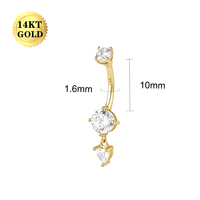 Piercing de nombril en or 14K avec breloque cœur, barbell incurvé à filetage externe et zircone cubique transparente, bijou de corps