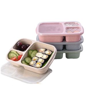 กล่องข้าวทรงสี่เหลี่ยมผืนผ้า 3 ช่อง ทำจากฟางข้าวสาลี เป็นมิตรกับสิ่งแวดล้อม ใช้ซ้ำได้ ความจุเยอะ ฝาปิด PP ป้องกันการรั่วซึม - Product Image 1
