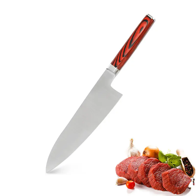 تخفيض كبير على سكين طاهٍ مطبخ ألماني من الفولاذ الكربوني العالي بحجم 8 بوصات ومقبض خشبي Pakka أحمر
