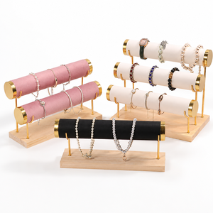 Wood Base Jewelry <b>Bracelet</b> Display Stand with Pink and White Velvet Rolls and Gold Accents for Retail Showcasing - Product Image 6