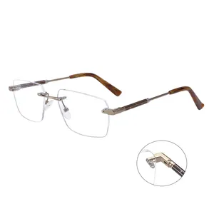 2024, proveedor mayorista en línea, gafas de moda sin montura cuadradas de lujo ligeras para hombres, gafas ópticas de Metal de acetato
