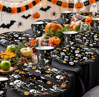 Fournitures pour Fête d'Halloween : Assiettes en papier, Gobelets, Serviettes, Nappe, Fourchettes, Couteaux, Bannières, Motifs Chauve-souris, Fantôme, Jack-o'-lantern, Crâne, Squelette