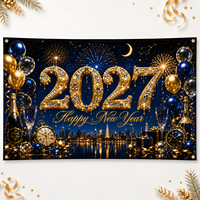 Bannière Joyeux Nouvel An 2027 Bleu Or Feux d'artifice Ballons Nuit de la ville Décoration murale de fête