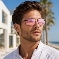 Lunettes de soleil sans monture pour hommes, verres roses, monture métallique, forme rectangulaire, lunettes de soleil sans monture, style vintage rétro, mode classique, tendance, usage quotidien