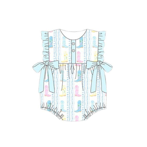 Conjunto de pelele para bebé niña SR4085 personalizado, al por mayor, azul a cuadros con estampado de flores, pelele de manga corta, mono para dormir. - Product Image 3