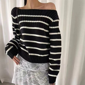 Maglione Sottile da Donna in Stile Coreano, Giovanile e Casual, <span class=keywords><strong>con</strong></span> Spalle Scoperte e Strisce <span class=keywords><strong>a</strong></span> Contrasto, in Acrilico/Spandex, Primaverile Retrò - Product Image 3