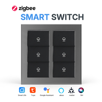 Interrupteur intelligent Zigbee/Wi-Fi gris avec panneau en verre trempé effet toucher doux, 6 gangs, sans fil neutre, pour contrôle vocal et à distance via application, IP20