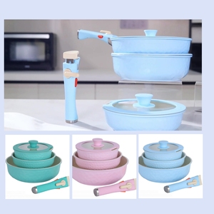 Batterie de cuisine en aluminium antiadhésif pour induction avec revêtement extérieur rose bleu et vert et couvercle en verre de silicone 5pcs - Product Image 4