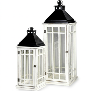 Ensemble de 2 lanternes porte-bougies en métal et verre avec base en bois, décoration pour la maison, le jardin, la terrasse, les mariages et les événements - Product Image 1