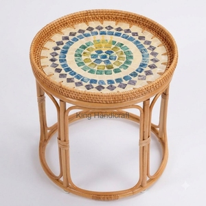 Custom Wholesale Modern Rattan Nightstand <b>Table</b> Mother of Pearl Mosaic Top <b>Round</b> <b>Bedside</b> Coffee Side <b>Table</b> Set - Product Image 4