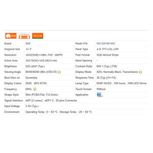 NV133FHM-N41/N45, 220 Cd/<span class=keywords><strong>m</strong></span> 600:1 nuovissimo nessun tocco 16:9 portatile schermo LCD modulo 1920*1080 EDP 30 pin 13.3 "copertura 63% - Product Image 6