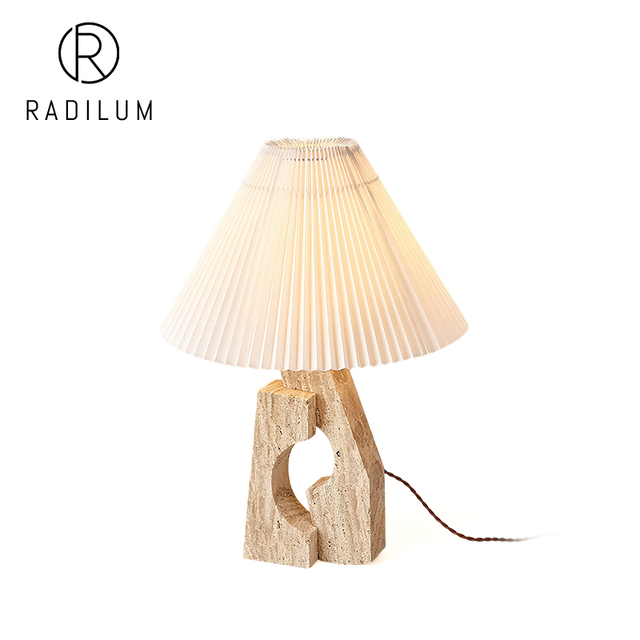 Wabi-sabi Travertine Table Lamp Nordic Bedroom Bedside Light Natural Stone Pleated Fabric Shade Art Stone Pillar Table Lamp