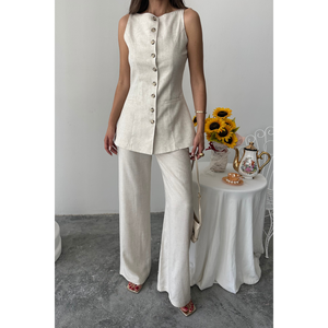 Conjunto de chaleco y pantalón de lino para mujer, sin mangas, pantalón de pierna ancha, atuendo informal, estilo veraniego - Product Image 4