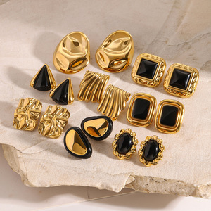 Geometric <b>Black</b> And Gold <b>Stud</b> <b>Earrings</b> Stainless Steel Party Statement <b>Earrings</b> Set - Product Image 3