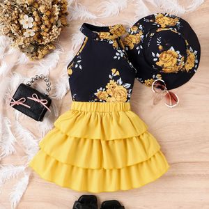 Yazlık Çocuk Giysileri Yeni Stil Kızlar Kolsuz Günlük Takım Baskılı Askılı Bluz Pasta Etek 2 Parça Set Şapkalı - Product Image 3