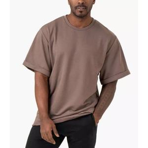 T-shirts de sport pour hommes de haute qualité 100% coton, surdimensionnés, pour la salle de sport, l'entraînement physique, l'été, manches pliables, motif imprimé, tissu tricoté - Product Image 1