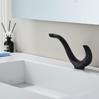 Grifo de lavabo moderno contemporáneo de latón, monomando alto, montado en encimera, superficie en negro, válvula cerámica, para baño.