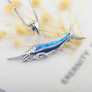 Hawaii style 925 sterling silver blue <strong>opal</strong> marlin fish pendant <strong>necklace</strong> for men summer jewelry - Product Image 2