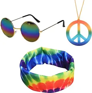 Hippie Costume Set Hippie Sunflower Crown Headband Peace Sign Necklace Round Sunglasses for Fancy Dress Headbands Accessory