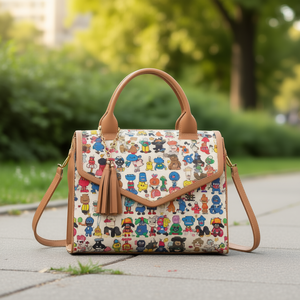Sac fourre-tout pour femme en similicuir avec rabat, motif à motifs, bandoulière, fait main, avec pompon, marron clair - Product Image 2