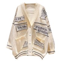 Cárdigan de Cachemira para mujer, suéter de punto de manga larga con cuello en V de Color sólido con bolsillo y patrón de letras, stock de moda disponible