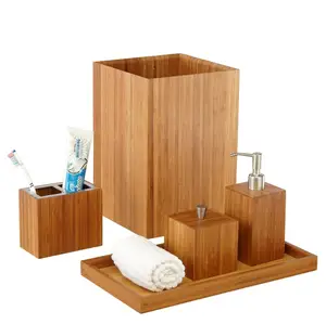 Eco-friendly Bamboo bathroom accessories sets with Toothbrush Holder, Lotion/Soap Pump Dispenser, Cotton Ball Box,Waste Basket