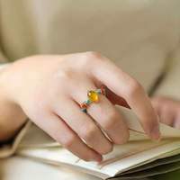 Bague extensible en perles de turquoise et ambre, style chinois, en verre, pour femme et unisexe, bijoux géométriques ovales en pierre naturelle, vente en gros