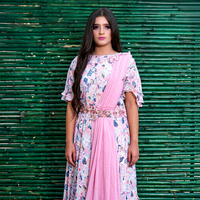 Robe longue élégante pour femme, style traditionnel chinois, à motifs floraux, avec ceinture rose, coupe ample, manches courtes, en viscose, idéale pour les soirées