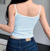 Débardeur côtelé à fines bretelles pour femme, rayures bleues et blanches, coupe courte, style décontracté d'été, basique sans manches
