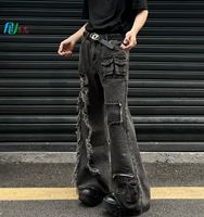 Pantalon en détresse classique avec poche arrière Jeans baggy en denim Jeans évasés empilés à déchirure moyenne pour hommes
