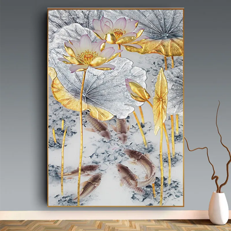 New Chinese Style Abstract Gold Lotus Fishes Canvas Painting Wall Posters and Prints Wall Art Picture for Living Room No Frame